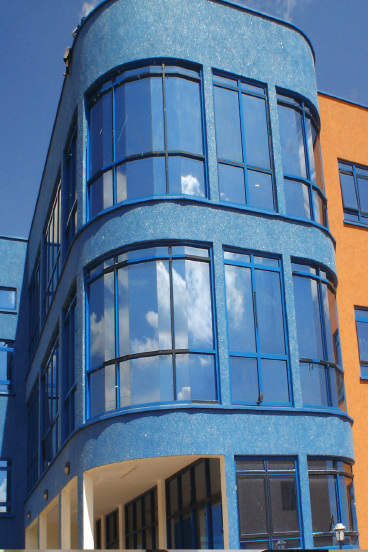 building painted with moran textured glass finish